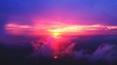 Sunset, Dusk, Cloudy Sky, Pink sky, Aerial view, Scenery, 5K