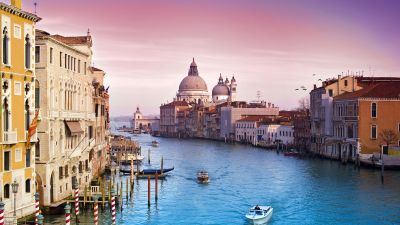 Venice city, Santa Maria della Salute, Grand Canal, Roman Catholic church, Venice, Italy, Pink sky, Sunset, Vivid, Ancient architecture, Aesthetic