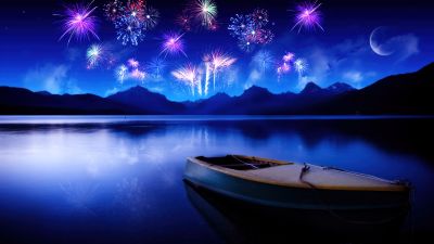 New Year, Fireworks, Lake, Reflections, Night, Boat, Blue, Mountains, Crescent Moon, New Year celebrations