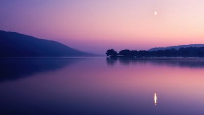 Coniston Water, Lake, Sunset, Evening, Twilight, Dusk, Purple sky, Reflection, Landscape, Crescent Moon