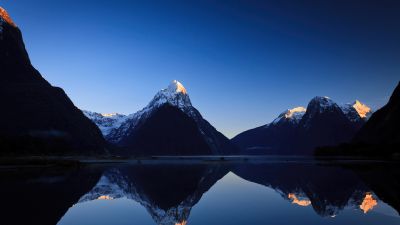 Morning, Sunrise, Blue Sky, Mountains, Reflections, Milford Sound, New Zealand, Body of Water, Lake