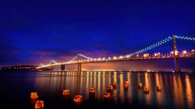 San Francisco-Oakland Bay Bridge, Night, Reflections, Blue hour, Cold, Lights, Bay Bridge, California