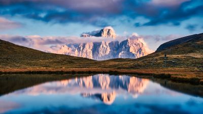 Lago delle Baste, Lake, Mountains, Landscape, Reflection, Italy, Clouds, Panorama, 5K