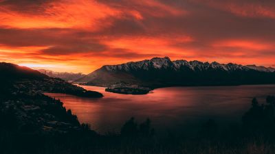 Queenstown, Landscape, New Zealand, Mountain range, Snow covered, Early Morning, Orange sky, Sunrise, Body of Water, Scenery, 5K