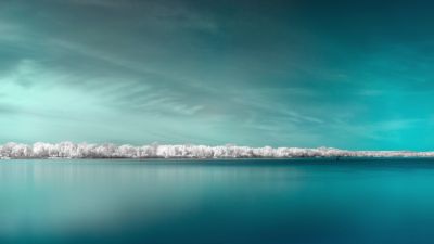 Infrared vision, Panorama, Surreal, Body of Water, Coast, Blue background, 5K, 8K