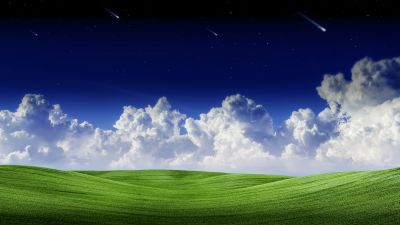 Landscape, Clouds, Falling stars, Blue Sky, Scenery, Green Grass, Starry sky, Summer, Scenic, Panorama, 5K, 8K, Shooting stars