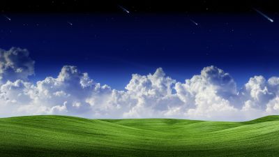 Falling stars, Landscape, Clouds, Green Grass, Starry sky, Blue Sky, Scenery, Summer, Scenic, Panorama, 5K, 8K, Shooting stars