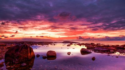 Seashore, Rocky coast, Cloudy Sky, Dusk, Horizon, Ocean, Landscape, Scenery, 5K, 8K