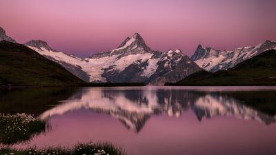 Bachalpsee Lake, Switzerland, Swiss Alps, Pink sky, Snow covered, Mountain View, Reflection, Sunset, Dusk, 5K, 8K