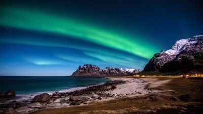 Lofoten islands, Norway, Aurora Borealis, Northern Lights, Glacier mountains, Snow covered, Rocky coast, Ocean, Beach, Horizon, Starry sky, Night time, Landscape