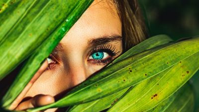 Blue eyes, Green leaves, Woman face, Macro, Peek, 5K