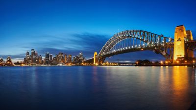 Sydney Harbour Bridge, Opera House, Australia, Cityscape, Night time, Body of Water, Skyline, Reflection, Blue Sky, Panorama, Long exposure, 5K, 8K