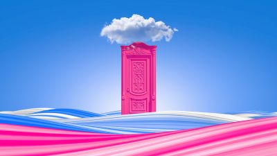 Pink door, Clouds, Waves, Colorful, Blue Sky, Bliss, Surreal