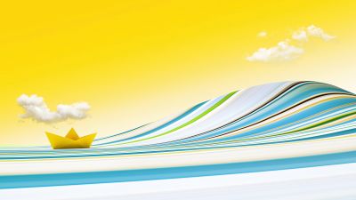 Paper boat, Yellow background, Yellow sky, Clouds, Waves, Colorful, Bliss, Surreal