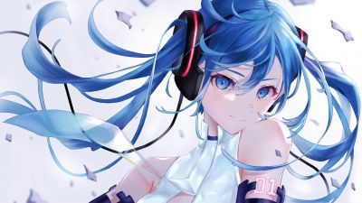 Hatsune Miku, Anime girl, White background, Blue