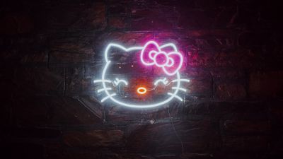 Hello Kitty, Neon sign, Cute cartoon, Glowing, Dark background, Night, Neon, 5K, Aesthetic, Dark aesthetic