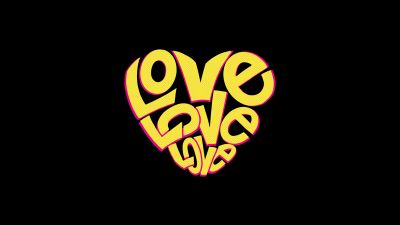 Love word, Love heart, Black background, Yellow