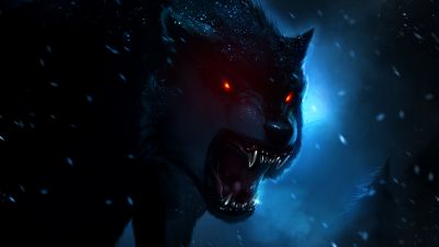 Black Wolf, Red eyes, Snowfall, Dark background, Night time, Hunter, Wild animal, Digital composition