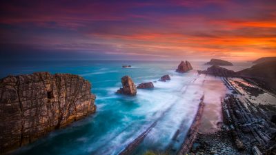 Playa De Portio, Spain, Arnía Beach, Rocky coast, Waves, Long exposure, Coastline, Cliff, Horizon, Landscape, Scenery, 5K