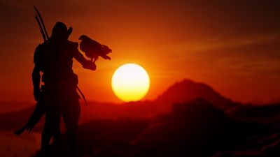 Assassin's Creed Origins, Sunset, Silhouette, Orange sky, Eagle, PlayStation 4, Xbox One, PC Games, 5K