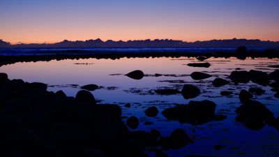 North Sea, Sunset, Dusk, Body of Water, Rocks, Reflection, Seascape, Clouds, 5K