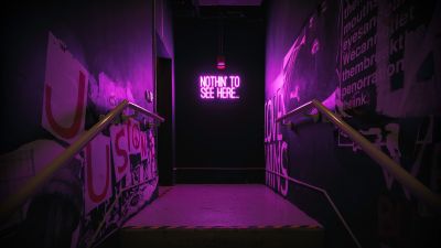 Nothing to See Here, Purple aesthetic, Neon sign, Stairway, Purple light, 5K