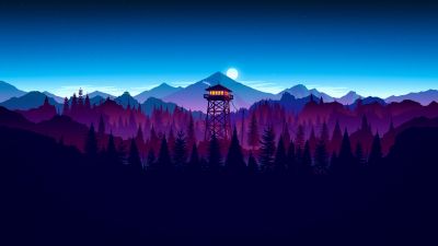 Firewatch, Panorama, Mountains, Clear sky, Blue Sky, Watchtower, Silhouette, Forest