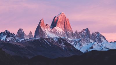 Mount Fitz Roy, Argentina, Sunrise, Alpenglow, Pink sky, Snow covered, Landscape, Mountain Peak, 5K