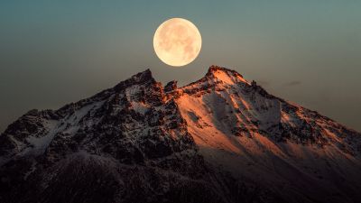 Full moon, Mountain Peak, Snow covered, Moon light, Iceland, Night, Landscape