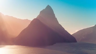 Mitre Peak, New Zealand, Milford Sound, Mountain Peak, Sun light, Sunrise, Morning light, Blue Sky, Landscape, 5K, 8K