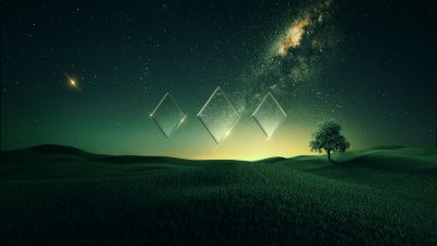 Starry sky, Sunset, Nebula, Green, Landscape, Fusion, Diamond shapes, Illusion