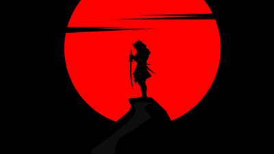 Samurai, Katana, Warrior, Immortal, Sun, Silhouette, Black background, AMOLED, Simple