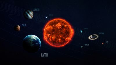 Solar system, Planets, Sun, Mercury, Venus, Earth, Mars, Jupiter, Saturn, Uranus, Neptune, Planetary System, Dark background, Cosmos, Astronomy, Dark aesthetic