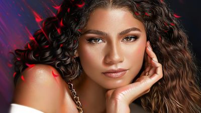 Zendaya, Portrait, Beautiful actress, Girly backgrounds, Digital illustration