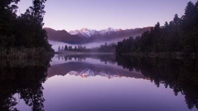 Lake Matheson, New Zealand, Mirror Lake, Reflection, Foggy, Snow covered, Mountain View, Sunrise, Early Morning, 5K