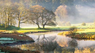 River Brathay, Fall, Landscape, Scenery, Foggy, Morning, Reflections, 5K