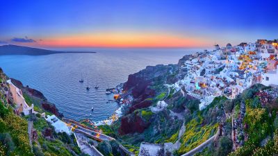 Santorini Island, Thira, Aegean Sea, Fira Town, Greece, Dusk, Sunset, Sunrise, Panorama, 5K, 8K