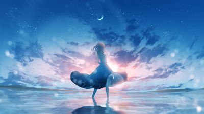 Anime girl, Aesthetic, Dream, Happy girl, Moon, Crescent Moon, Girly backgrounds, Beach, Seascape, Ocean, Reflections