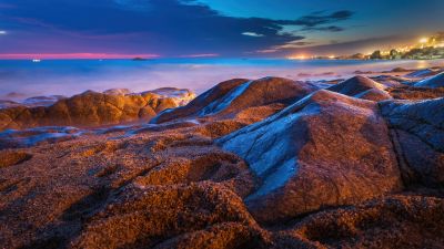 Rocky coast, 8K, Beach, Night, Seashore, 5K