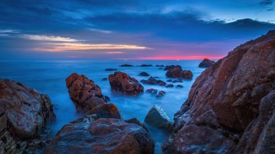 Rocky beach, Sunset, Seascape, Coastline, Evening, 5K, 8K