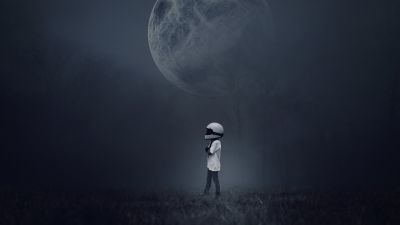 Moon, Alone, Boy, Dream, Helmet, Foggy