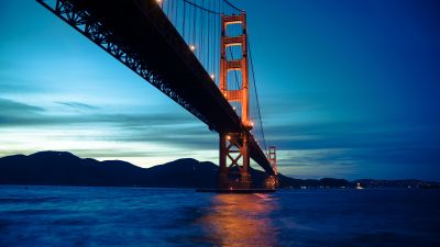 Golden Gate Bridge, Suspension bridge, San Francisco, California, Evening, Sunset, Blue Sky, 5K, 8K