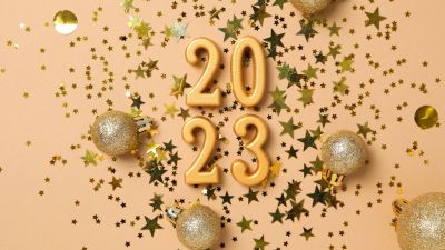 2023 New year, Happy New Year, Christmas decoration, Christmas background, Peach background, Glitter letters, Stars, 5K