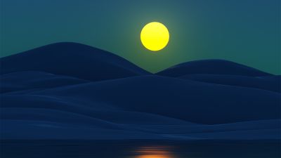 Moon, Digital Art, Night, Mountains, Lake, Reflection, Full moon