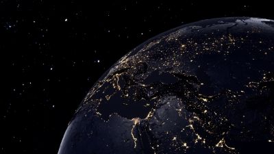 Planet Earth, Night view, Illuminated, Orbit, Dark background, 5K