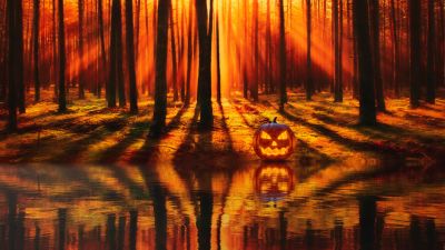 Jack-o'-lantern, Halloween Pumpkin, Forest, Lake, Reflection, Autumn Forest, Sunlight, Sunset, Trees, 5K, 8K