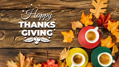 Happy Thanksgiving, Wooden Floor, Thanksgiving Day, Autumn leaves, Wooden background, Coffee cups