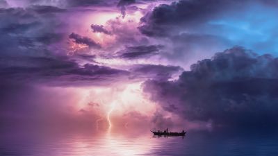 Surreal, Storm, Boat, Clouds, Thunderstorm, Ocean, 5K, 8K, Lightning