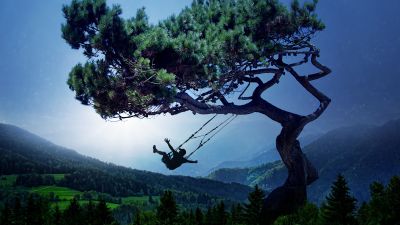 Swing, Surreal, Tree, Landscape, Foggy, Morning fog, 5K, Blue Sky