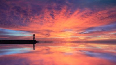 Lighthouse, 8K, Sunset, Seascape, Dusk, Clouds, Sunlight, Evening sky, 5K